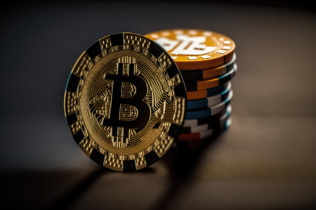 A golden bitcoin coin against a background of poker chips. casino game using bitcoin. the thrill of cryptocurrencies. Make a bitcoin bet. Generative AIの素材