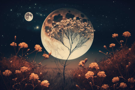 Beautiful autumnal fantasy with a full moon, a wild flower in the fall, and a Milky Way star in the night sky. vintage toned artwork in a retro style. Generative AIの素材