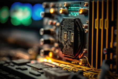 A close up of a metallic golden Bitcoin cryptocurrency coin perched on a computer board with the vibrant lights of a mining farm in the background. Generative AIの素材