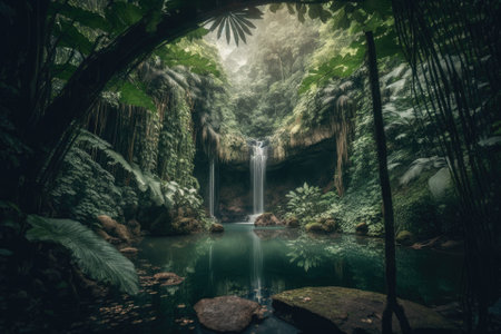 Amazing natural beauty in Asia. A tropical waterfall plunges into a pond after plunging through a dense jungle forest. Generative AIの素材
