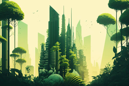Amazing eco futuristic urban landscape with plenty of greenery, skyscrapers, parks, and other artificial green places. Greenery in a contemporary city. illustration using digital art. Generative AIの素材