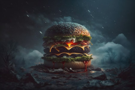 A nice new burger on a gloomy background. Generative AIの素材
