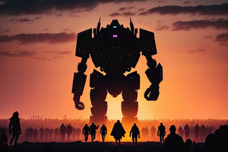 Artwork decoration. Silhouette of giant robot prepare attack crowd at sunset. Horror view of futuristic cyborg going to attack scared people. Selective focus. Generative AIの素材