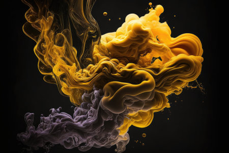 Amber acrylic paints, a yellow smoke bomb over a black background, and abstract liquid art. Generative AIの素材