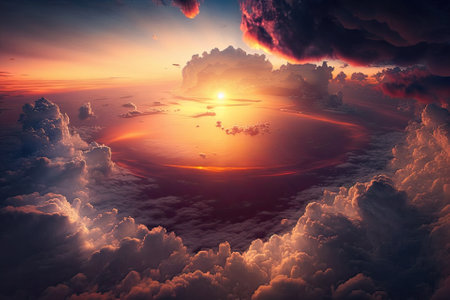 Beautiful sunset cloudy sky from aerial view. Airplane view above clouds. Generative AIの素材