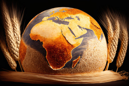 A small globe and grain of wheat. harvest, export, import, and drought in warm countries. scarcity of bread. the space bar. Generative AIの素材