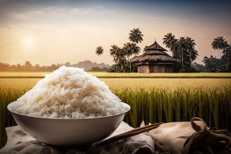 Asian white rice uncooked with the rice field background. Generative AIの素材