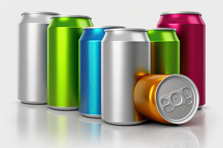 Aluminum slim cans in the following colors silver, white, black, blue, red, and green, all isolated on a background of white. Generative AIの素材