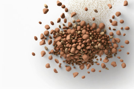 Animal food in kibble form. Dry cat or dog food on a white table. looking up. Generative AIの素材