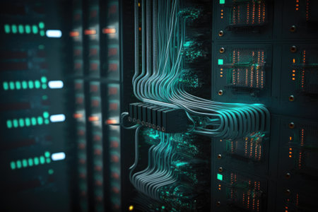 An image of a functioning data center with rows of rack servers connected by LAN connection visualization lines. Generative AIの素材