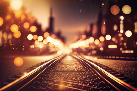 Abstract background with moving railway track over bokeh lit downtown city. Generative AIの素材