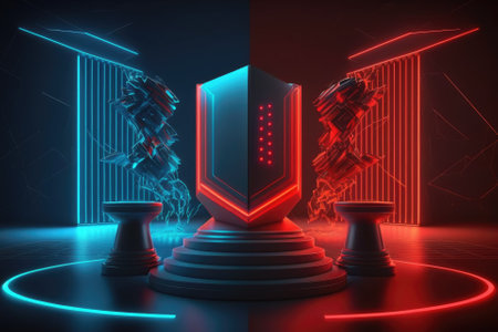 Abstract video game of scifi gaming with a red blue versus e sports background, a scene stand pedestal stage, an illustration, and a futuristic neon light room. Generative AIの素材