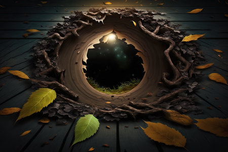 Background for something terrible a black hole in the ground next to wooden planks on the ground and leaves. Generative AIの素材
