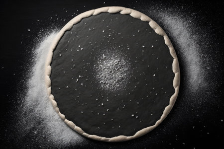 Background is amorphous. Round spot on black, wheat flour sprinkled in a circle. the top of the blackboard. notion of baking, making pastry or dough. Generative AIの素材