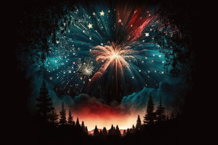 America celebrates its independence on July 4. Gorgeous, brilliant fireworks light up the night sky. Generative AIの素材
