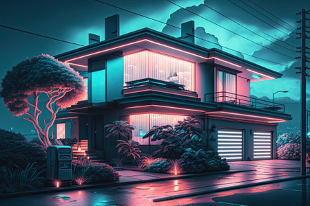 Beautiful contemporary homes with neon lighting are depicted in a raster illustration. Future architecture, cyberpunk, robots, cyberspace, chipization, and science are all discussed. artwork. Generative AIの素材