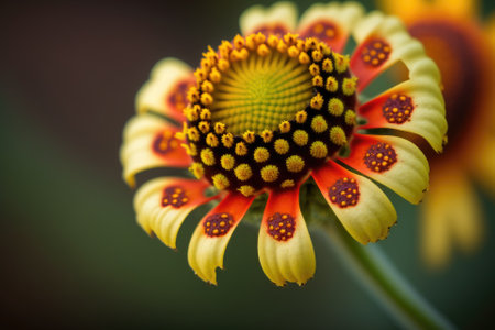 Beautiful yellow flower with red specks on the petals against a background of blurred green nature. Close up photography. Generative AIの素材