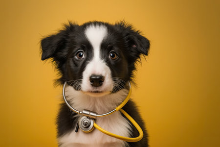 Border collie puppy with stethoscope in mouth and yellow background. Purebred pet dog waiting to be seen by the veterinarian in the clinic. Animals and pet health concept. Generative AIの素材