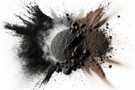 Black charcoal dust, gunpowder, and roughness, top view, isolated on white. Generative AIの素材