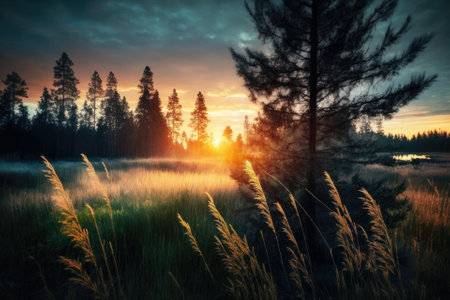 Beautiful sunrise over a meadow with pine trees and tall, wet grass. Generative AIの素材