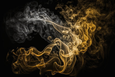 Abstract and textured fantastic magic golden smoke on dark backdrop, movement golden of smoke on fire flame, and beauty golden smoke on dark background. Generative AIの素材