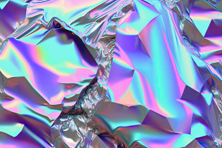 Background texture of a vaporwave of iridescent silver and holographic crumpled chrome foil. Trendy rainbow prism effect pattern in iridescent pastel colors. Abstract cyberpunk or webpunk from the 198. Generative AIの素材
