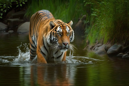 An amur tiger wading through a river. Animal that is dangerous in Tajga, Russia. Animal in a stream in a verdant forest. Generative AIの素材
