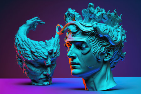 Concept illustration from a traditional head sculpture with a virtual reality headset in the style of vaporwave colors and bright blue LED lights separated on background. Generative AIの素材