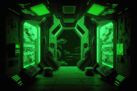 An illustration of an abstract, dark, blazing, green, sci fi, future spaceship or space station interior. Aliens or psychedelic night vision. Generative AIの素材
