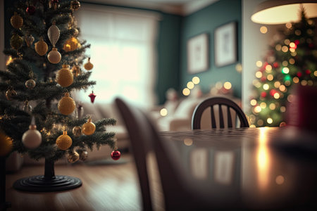 Beautiful holiday decorated room with Christmas tree, out of focus shot for photo background. Generative AIの素材