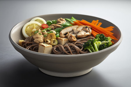 Asian buckwheat soba noodles served with chicken, mushrooms, and veggies on a light gray background. Generative AIの素材