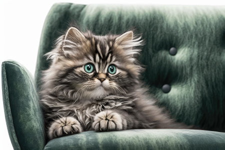 Beautiful Cat is seated on a sofa and is not looking. Cat up close. adorable fluffy kitten Green eyed kitten against a white background. Pet. care for animals pets of any breed. animal history. Generative AIの素材