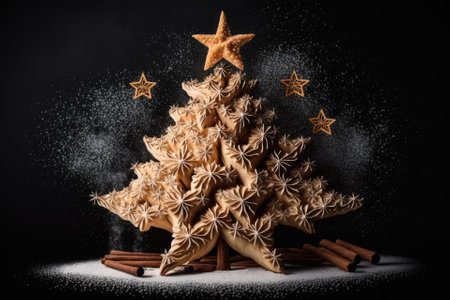 A flour based Christmas tree with cinnamon sticks and anise stars is displayed against a black background. Generative AIの素材