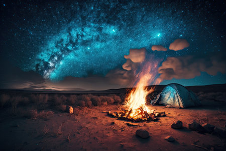 Camping fire under the amazing blue starry sky with a lot of shining stars and clouds. Travel recreational outdoor activity concept. Generative AIの素材