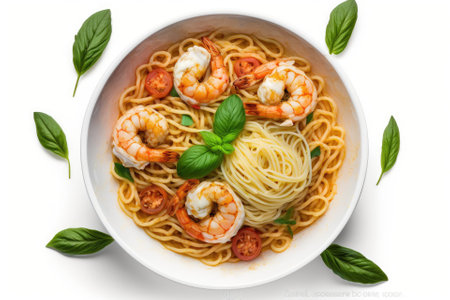 Bowl of spaghetti and fried prawns, top view, isolated on white. Generative AIの素材