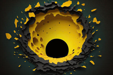 Black hole in a hole with bright yellow ripped paper inside of it. Generative AIの素材