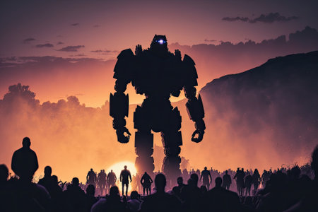 Artwork decoration. Silhouette of giant robot prepare attack crowd at sunset. Horror view of futuristic cyborg going to attack scared people. Selective focus. Generative AIの素材