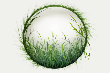 Background texture with abstract green grass. Green grass design in a circle, isolated on a white backdrop. Generative AIの素材