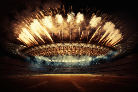 Celebrations are held with fireworks at the Stadium Arena. superior photograph. Generative AIの素材