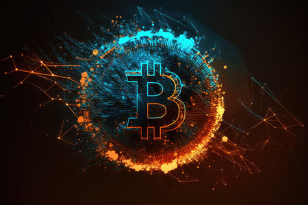 Bitcoin background with glowing polygons. Concept of finance and cryptocurrencies. Generative AIの素材