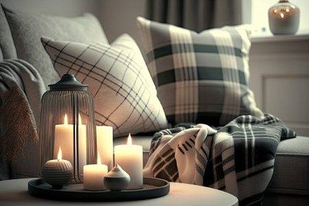 Composition of candles on white table against the background of sofa with plaids and pillows. Cozy home concept. Generative AIの素材