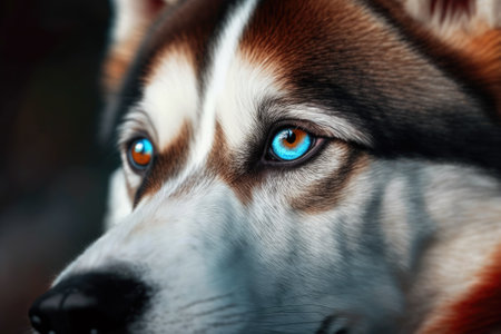 Close up of a husky dog with colorful eyes. Generative AIの素材