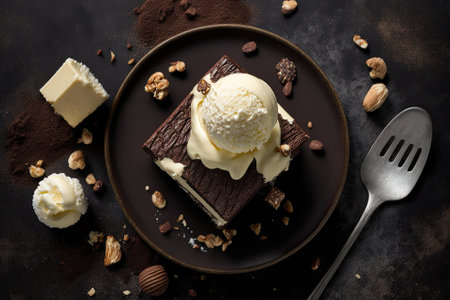 Brownie with chocolate and walnuts with vanilla ice cream. selective attention flat lay picture. Generative AIの素材