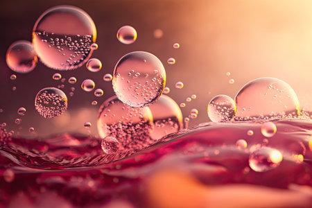 Close up of a pink transparent, peaceful, and bubble filled water surface. Summer natural abstract background in style. Sunlight lit waves have a coral hue. Generative AIの素材