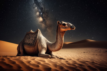 Camel animal is sitting on the sand dune in a desert. Milky Way galaxy and stars in the sky. United Arab Emirates. Generative AIの素材