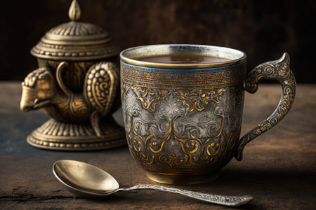 Coffee from South India served in a vintage brass or stainless steel cup. Generative AIの素材