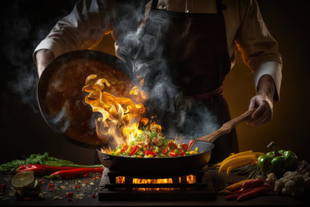 Chef prepares vegetable food in a frying pan with a flame of fire. The concept of restaurant and hotel service. Flamber or cooking over natural fire. Grande cuisine. Generative AIの素材