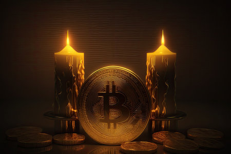 Coins of the cryptocurrency Bitcoin.BTC. Golden bitcoins with a digital background and a candlestick graph. Generative AIの素材