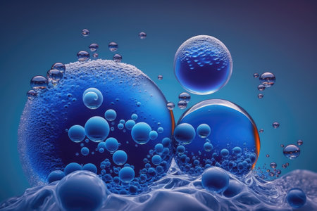 Blue background with macro oxygen bubbles in water, along with other successful projects of yours. Generative AIの素材