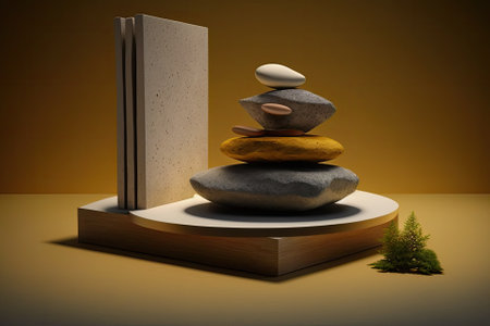 For a product presentation, a rock podium is set against an earthy background. Natural beauty pedestal, leisure and health as examples. Generative AIの素材